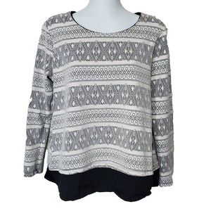 Pleione Top Womens Medium Black White Zip Back Striped Aztec Long Sleeve Boho